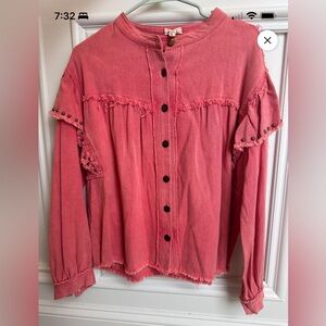 POL Coral Button-Up Jacket with Ruffle Details